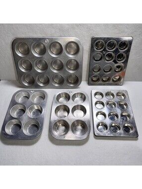 Vintage Aluminum Muffin Tin Lot Mirro TALA Chilton Mini Cupcake Popover Pans 5pc